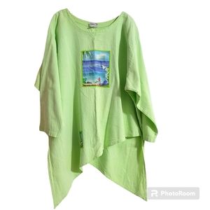 Peanut Punch Women's 2X Asymmetrical Tunic Top Linen Type Fabric Lime Green